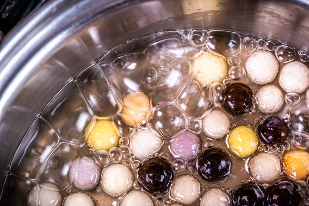 rainbow boba balls in the process of cooking