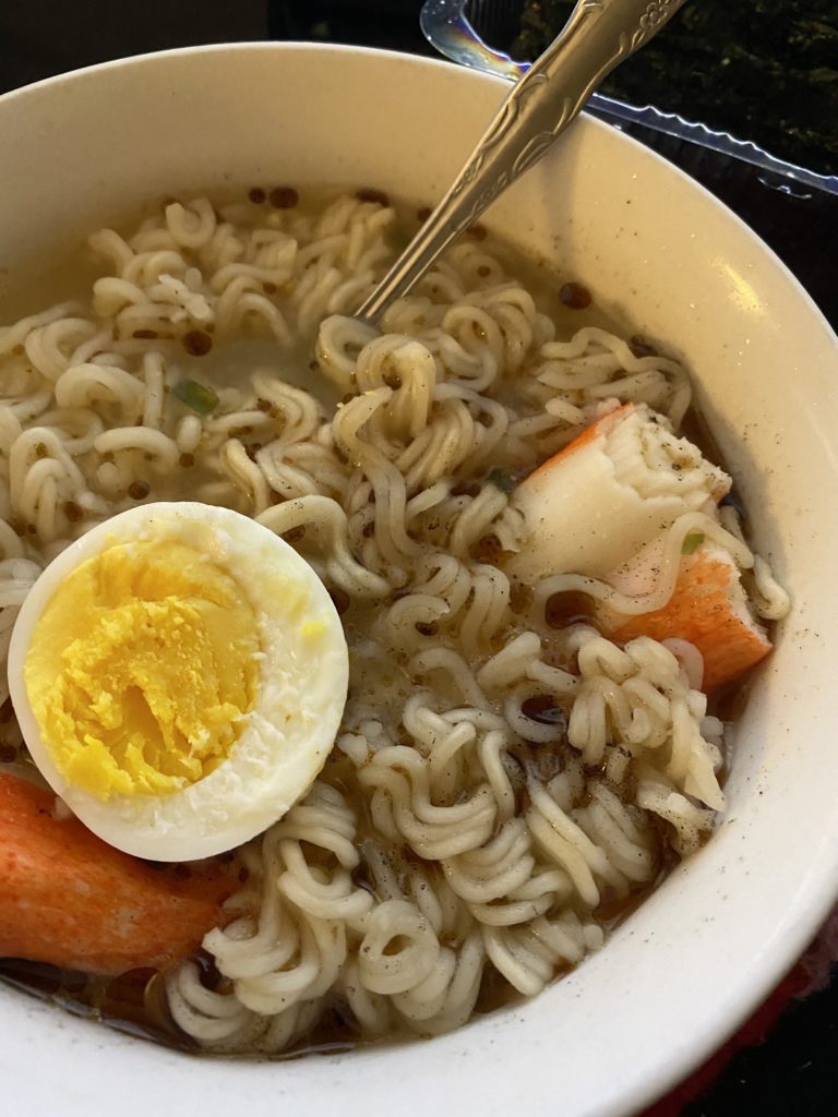 instant ramen with hard boiled egg and surimi