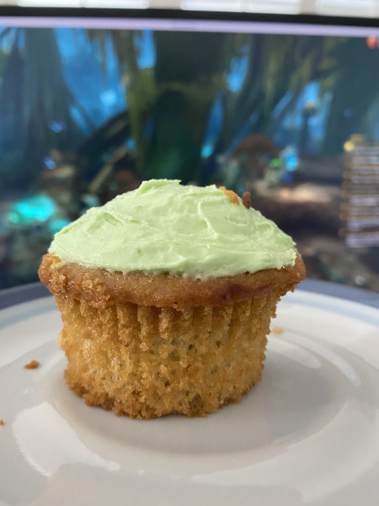 a pistachio cupcake on a plate, held up in front of my monitor