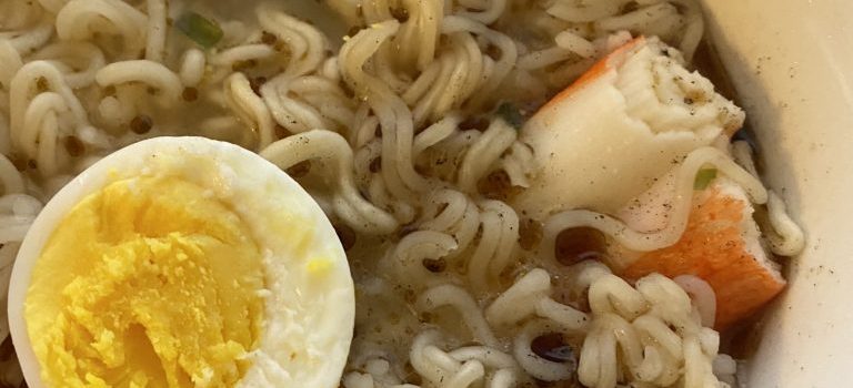 instant ramen with hard boiled egg and surimi