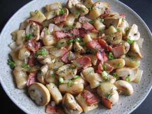 Sautéed Ukrainian Dumplings with Bacon & Mushrooms – Hiroko's Recipes