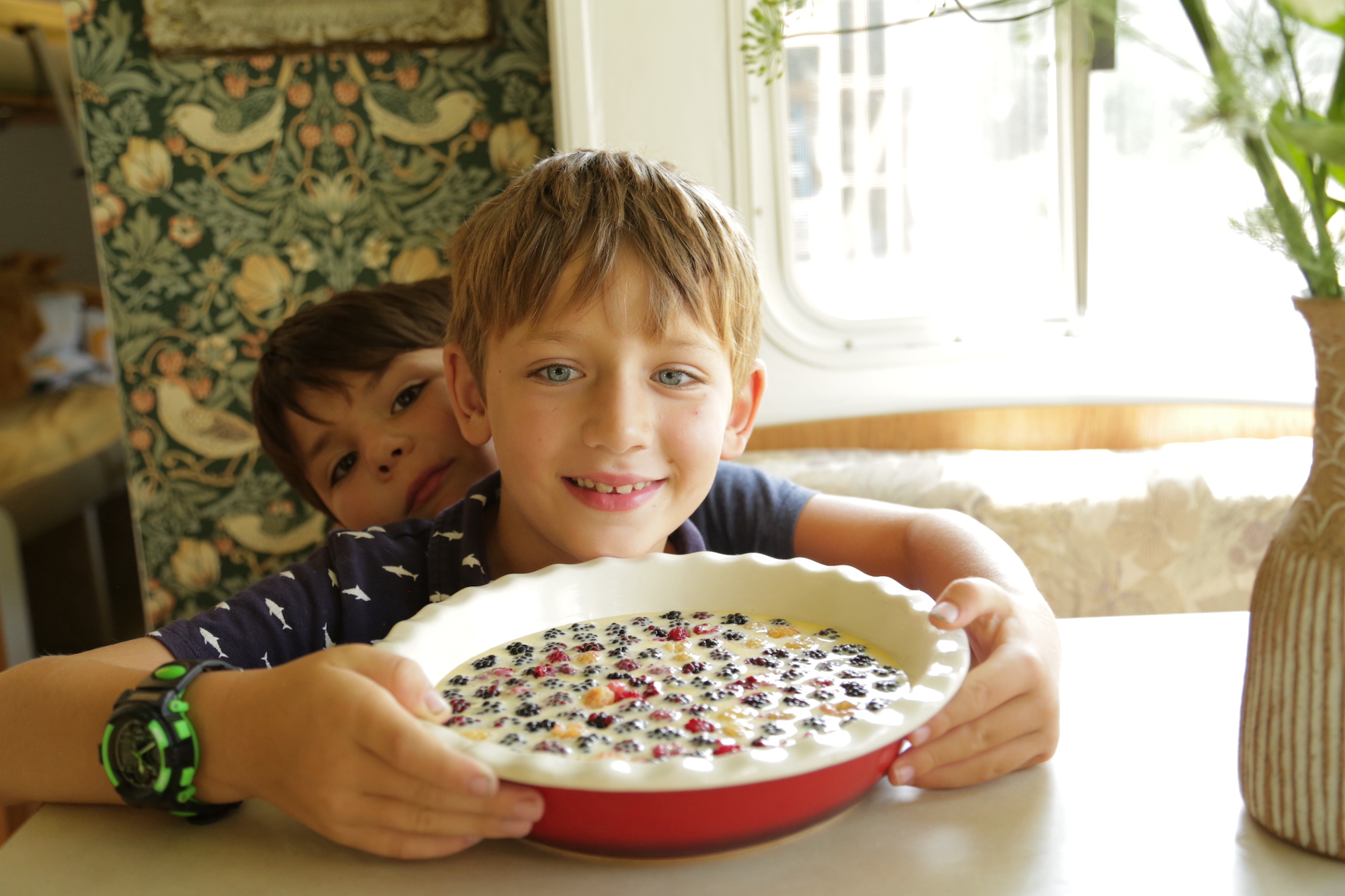 Dax and Gavin preparing clafoutis