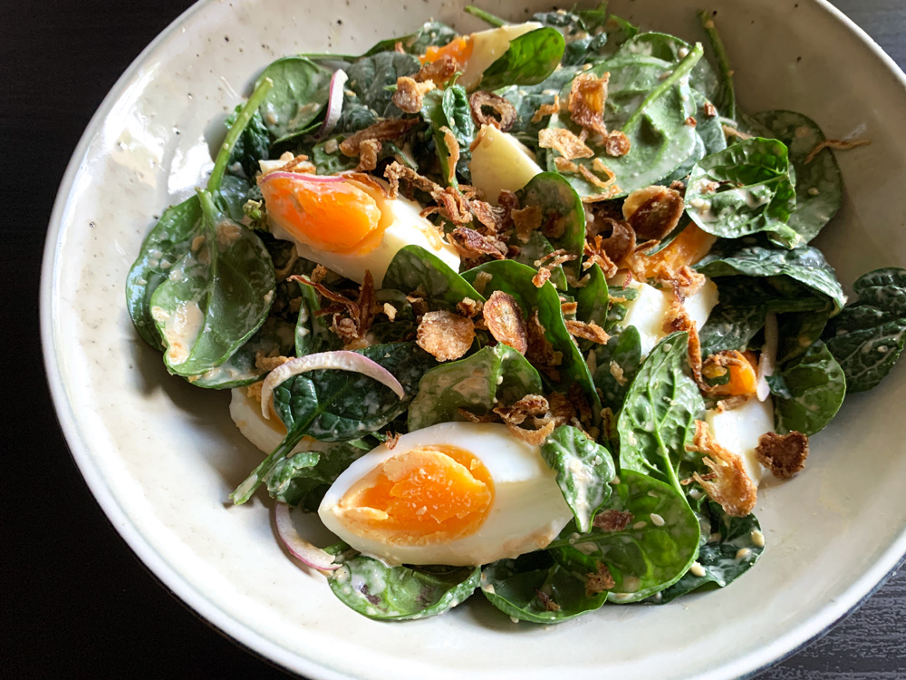 Baby Spinach & Boiled Egg Salad with Creamy Sesame Dressing – Hiroko's Recipes
